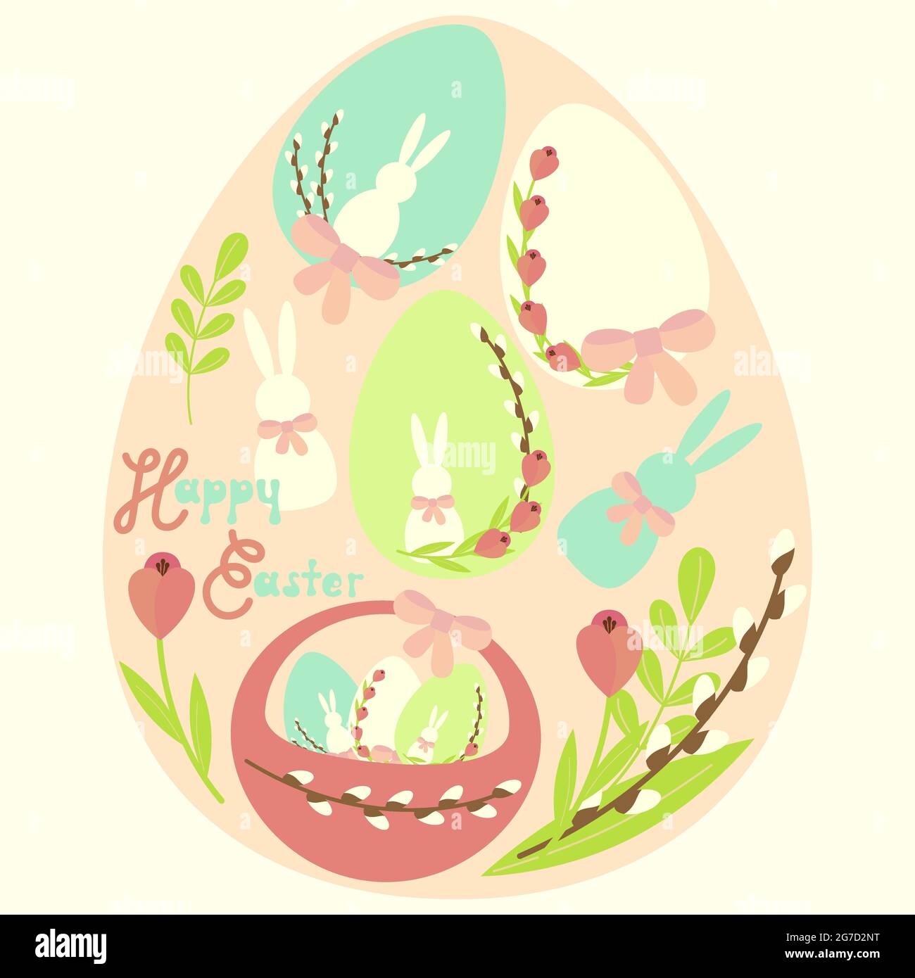 set of elements happy easter, egg with basket, rabbit, flowers Stock Vector