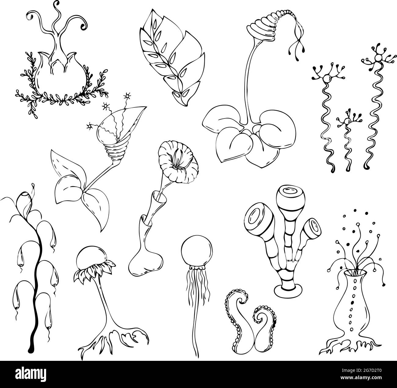 Fantastic mushrooms and plants in doodling style, contour hand drawing, isolated. Vector illustration Stock Vector