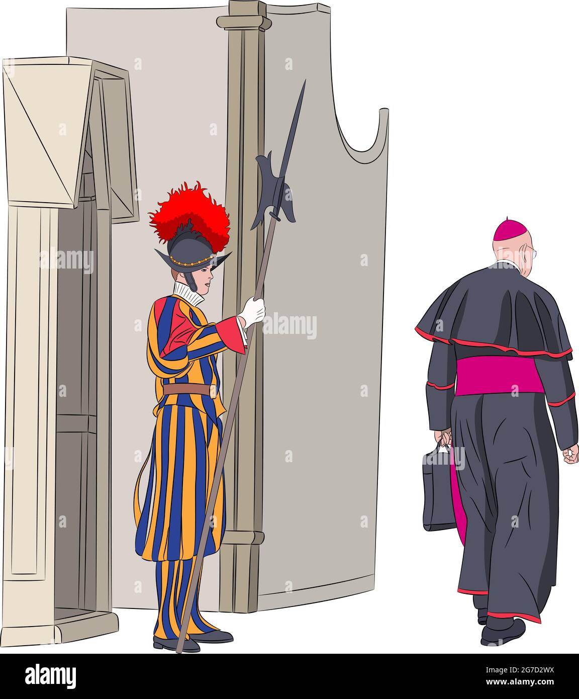 Swiss guardsman in a ceremonial multicolored uniform guarding the Vatican. Stock Vector