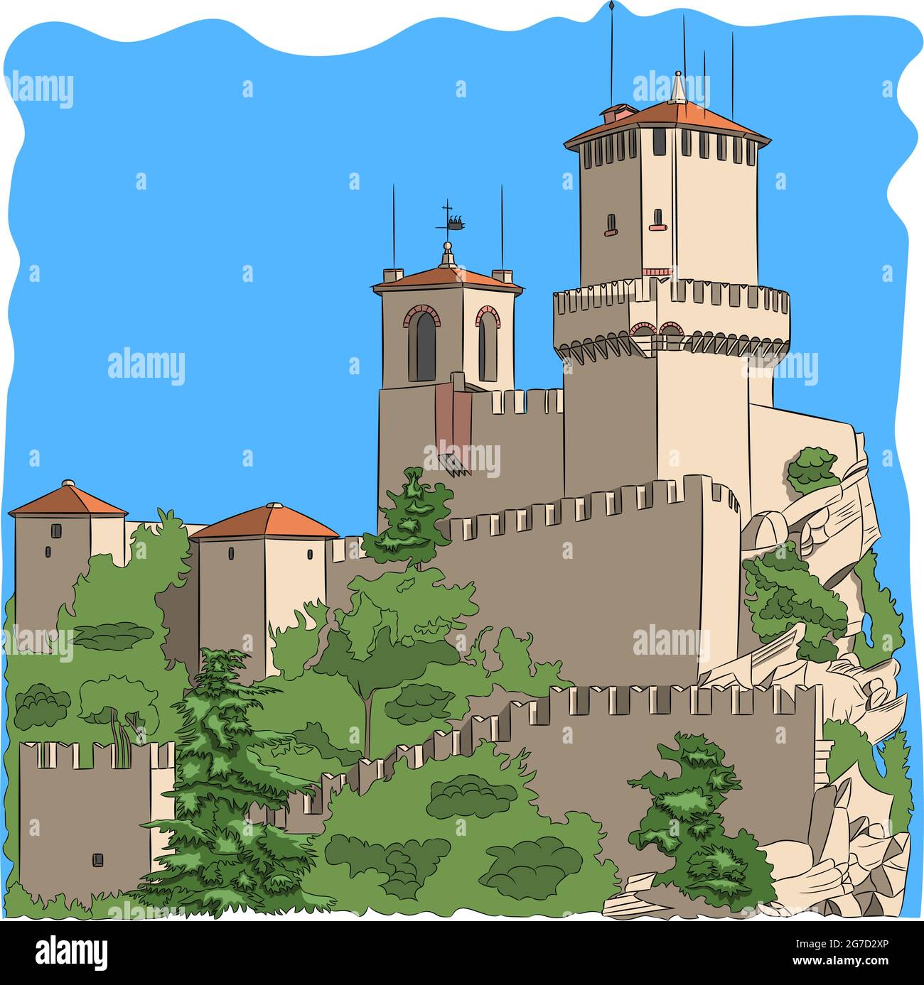 Guaita Tower in an old medieval fortress on a cliff. Republic San Marino. Stock Vector