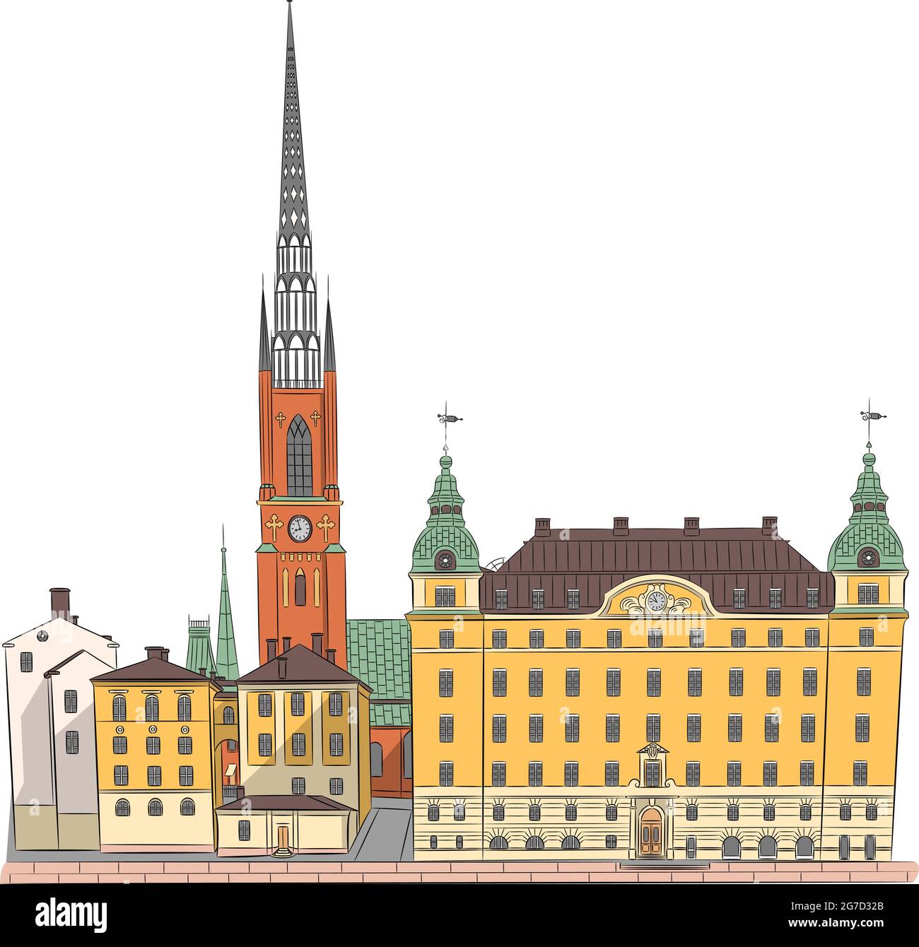 Old yellow houses and Riddarholmen Church on the island of Gamla Stan. Stockholm. Sweden. Stock Vector