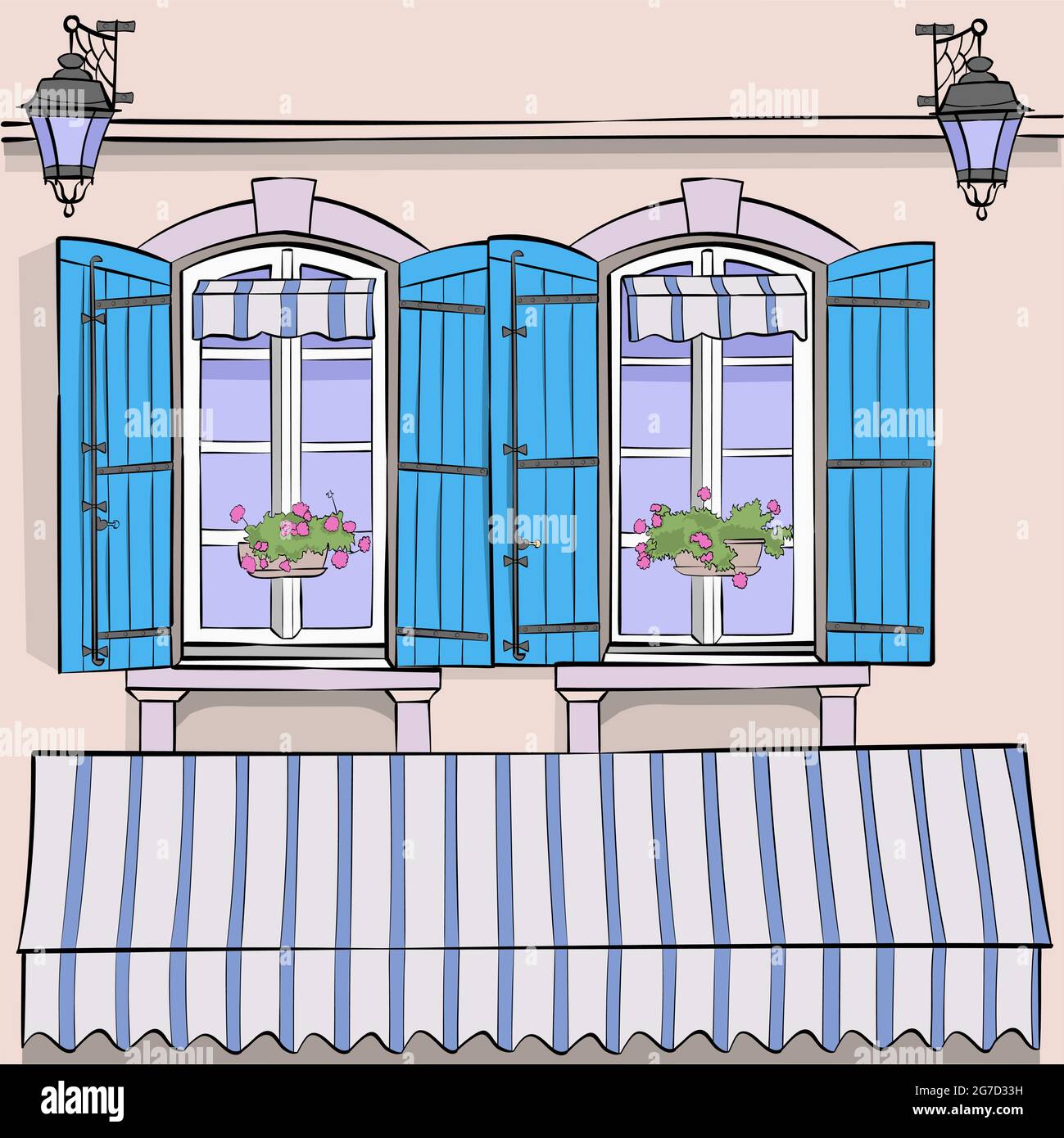 Vector illustration of windows with blue shuttered potted flowers and lanterns. Stock Vector