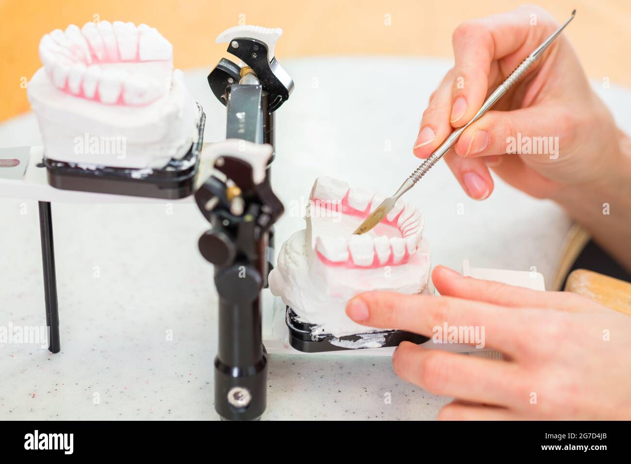 Female dental technician or orthodontist producing denture with imprint