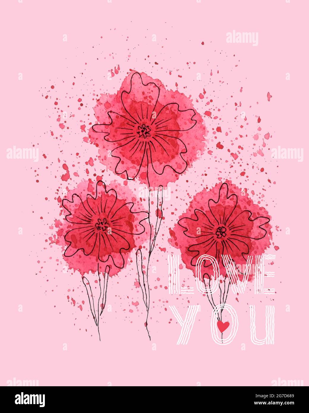 Postcard background pink with watercolor red flowers, with a black outline doodling and the inscription LOVE YOU, hand drawing. Vector illustration Stock Vector