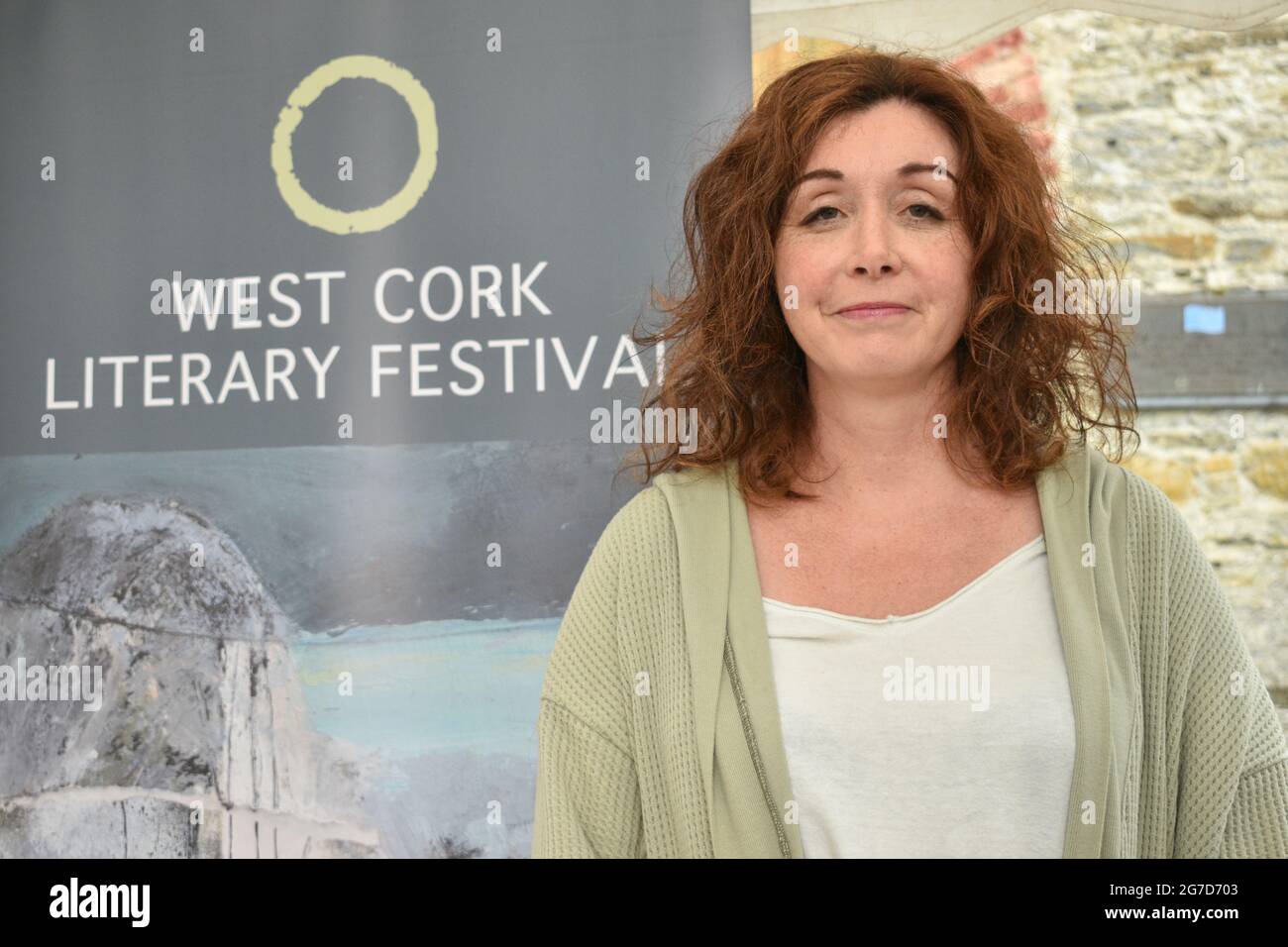 Bantry, West Cork, Ireland. 12th July 2021. West Cork Literary Festival last day of live outdoor events featuring numerous writers. Pictured below interviewer Rachel Andrews. Credit: Karlis Dzjamko/Alamy Live News Stock Photo