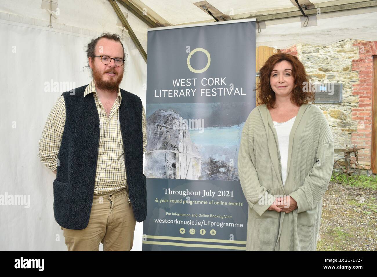 Bantry, West Cork, Ireland. 12th July 2021. West Cork Literary Festival last day of live outdoor events featuring numerous writers. Pictured below John Connell and interviewer Rachel Andrews. Credit: Karlis Dzjamko/Alamy Live News Stock Photo