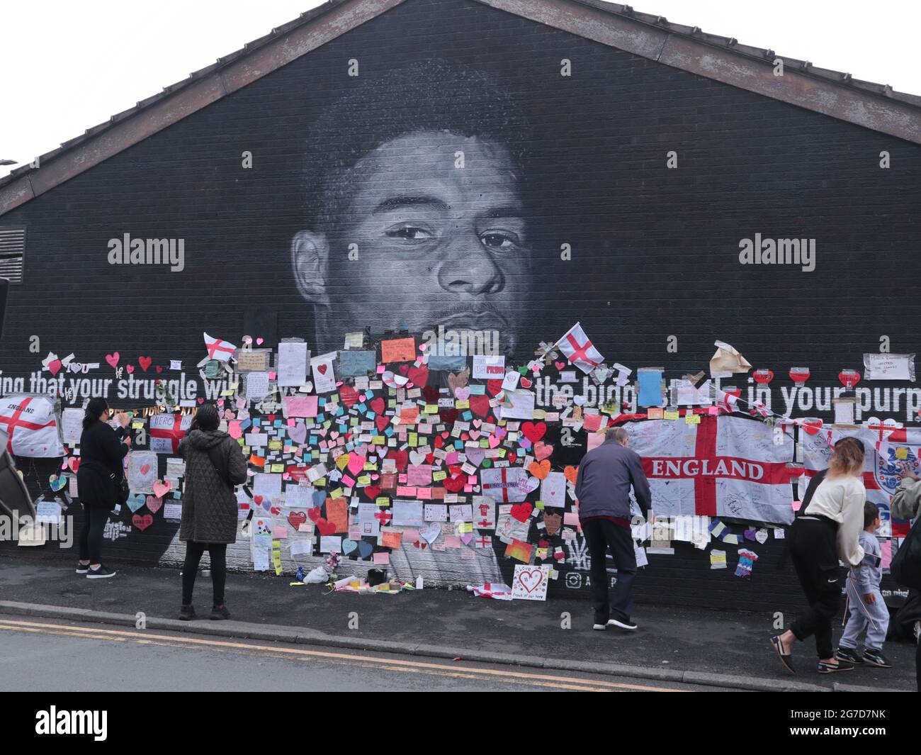 Manchester England 13 July 2021 Mural of Marcus Rashford adorned with messages of goodwill and support. ©Alamy Stock Photo