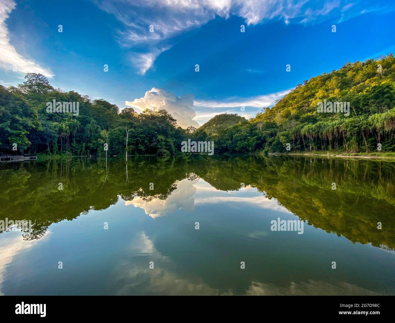 Sunset on Kanchanaburi River Khwae Yai or Kwai in Thailand Stock Photo