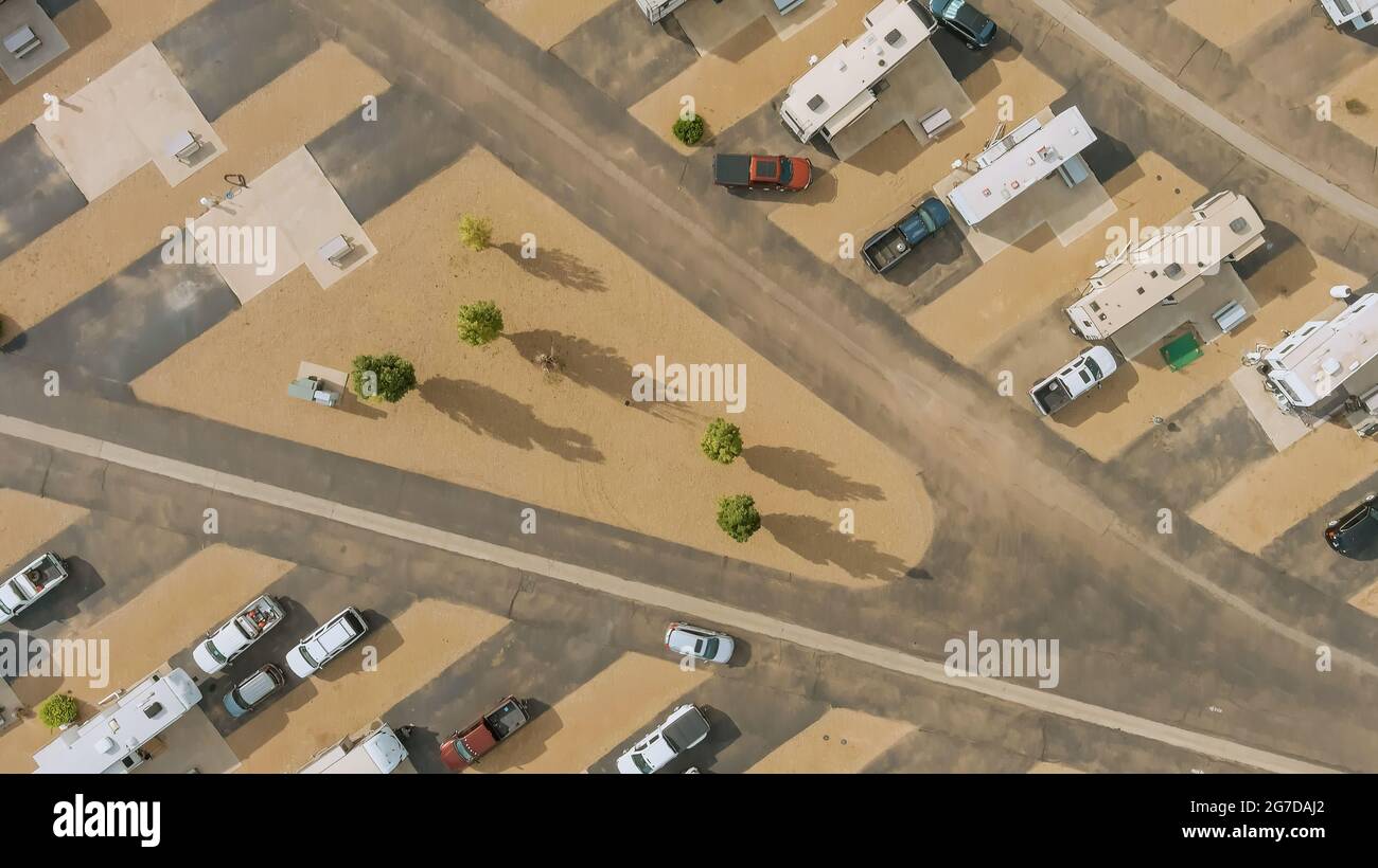 Aerial view of RV camping park Resort with travel clubhouse Stock Photo