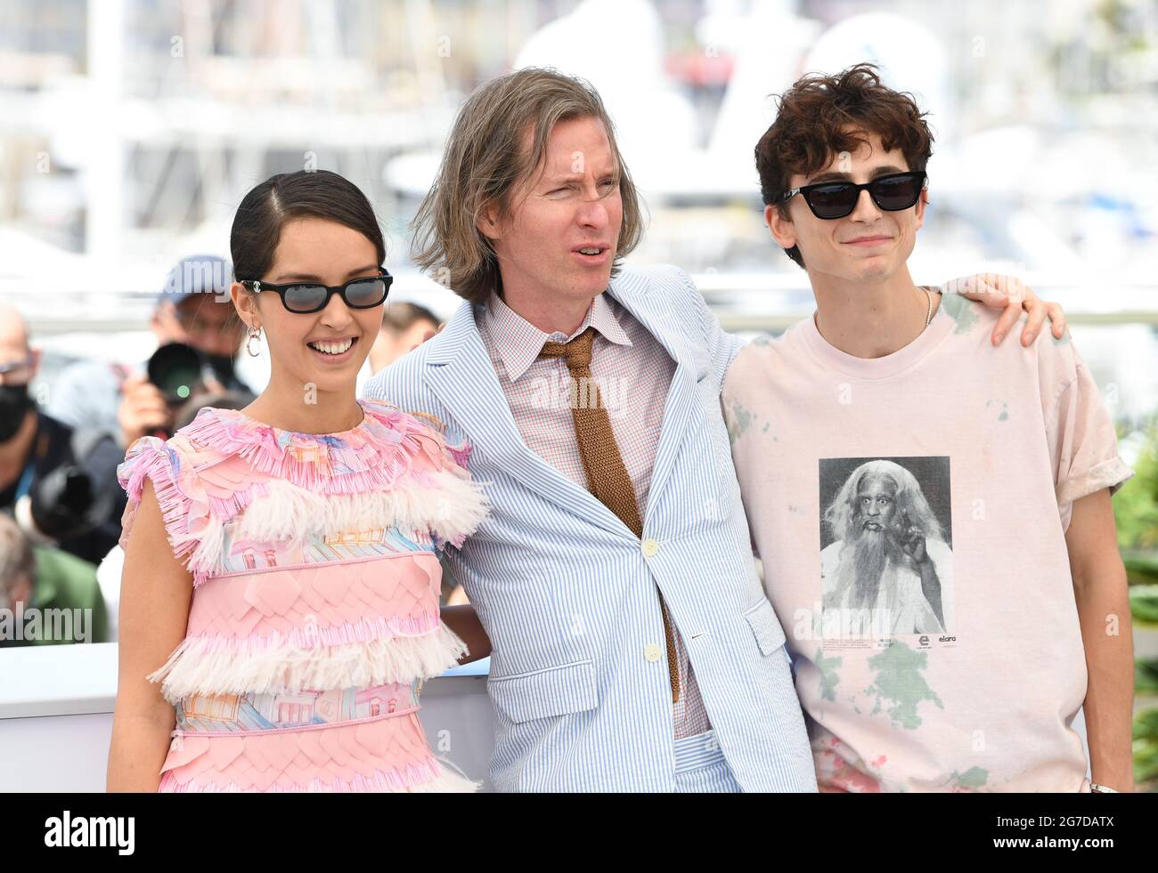 Cannes, France, 13 July 2021 Lyna Khoudri, Wes Anderson and Timoth e