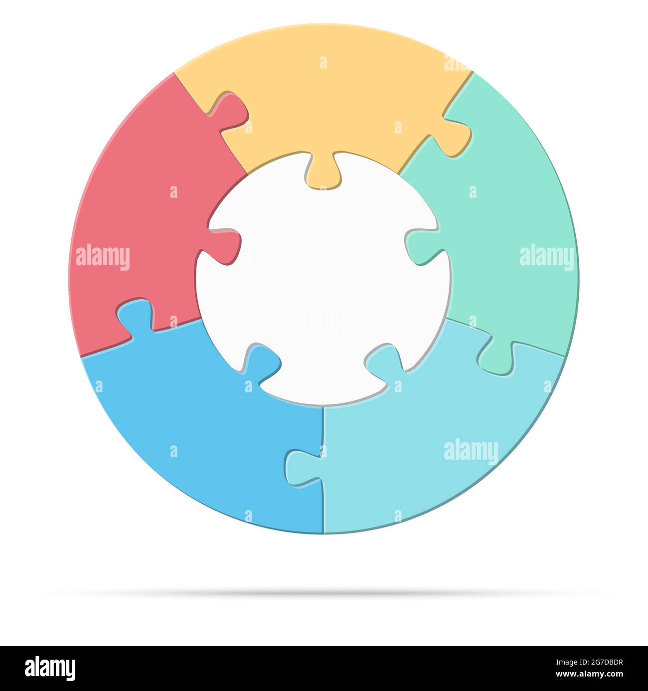 eps vector illustration of round colored puzzle symbolizing cooperation or teamwork process with white base, five options idea Stock Vector