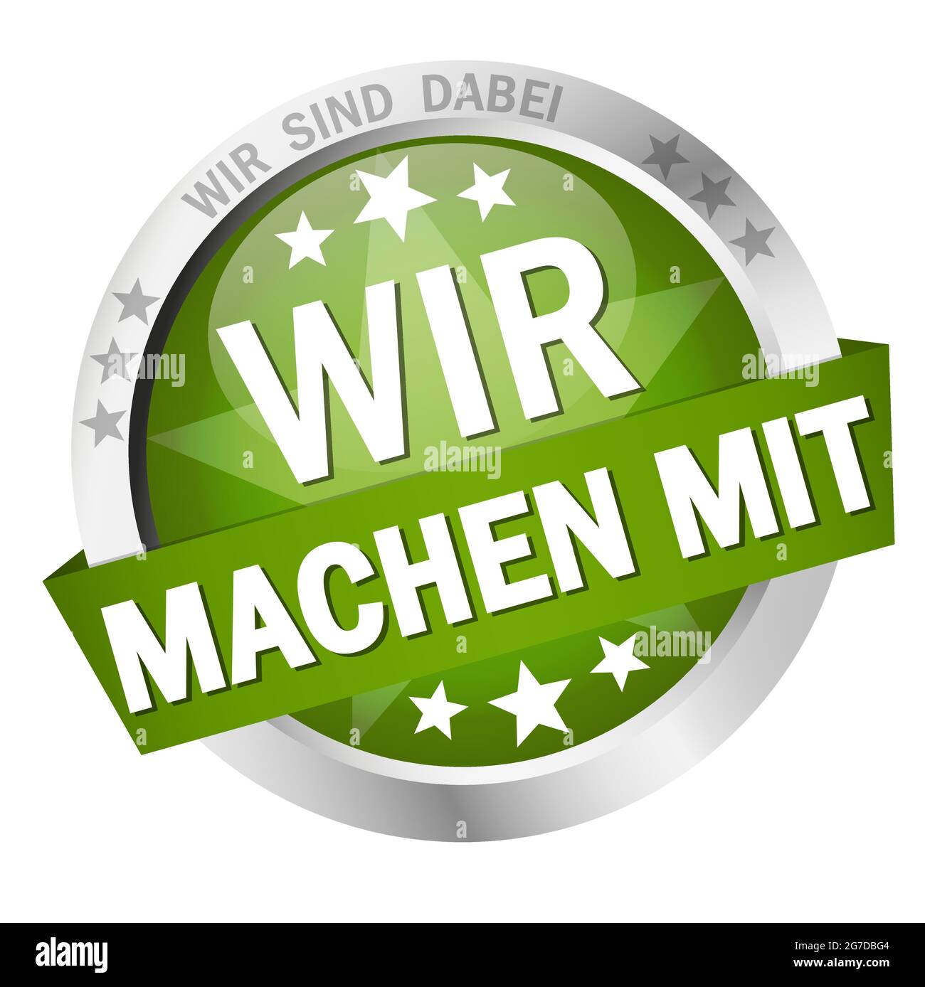 EPS 10 vector with round colored button with banner and we take part (in german) Stock Vector
