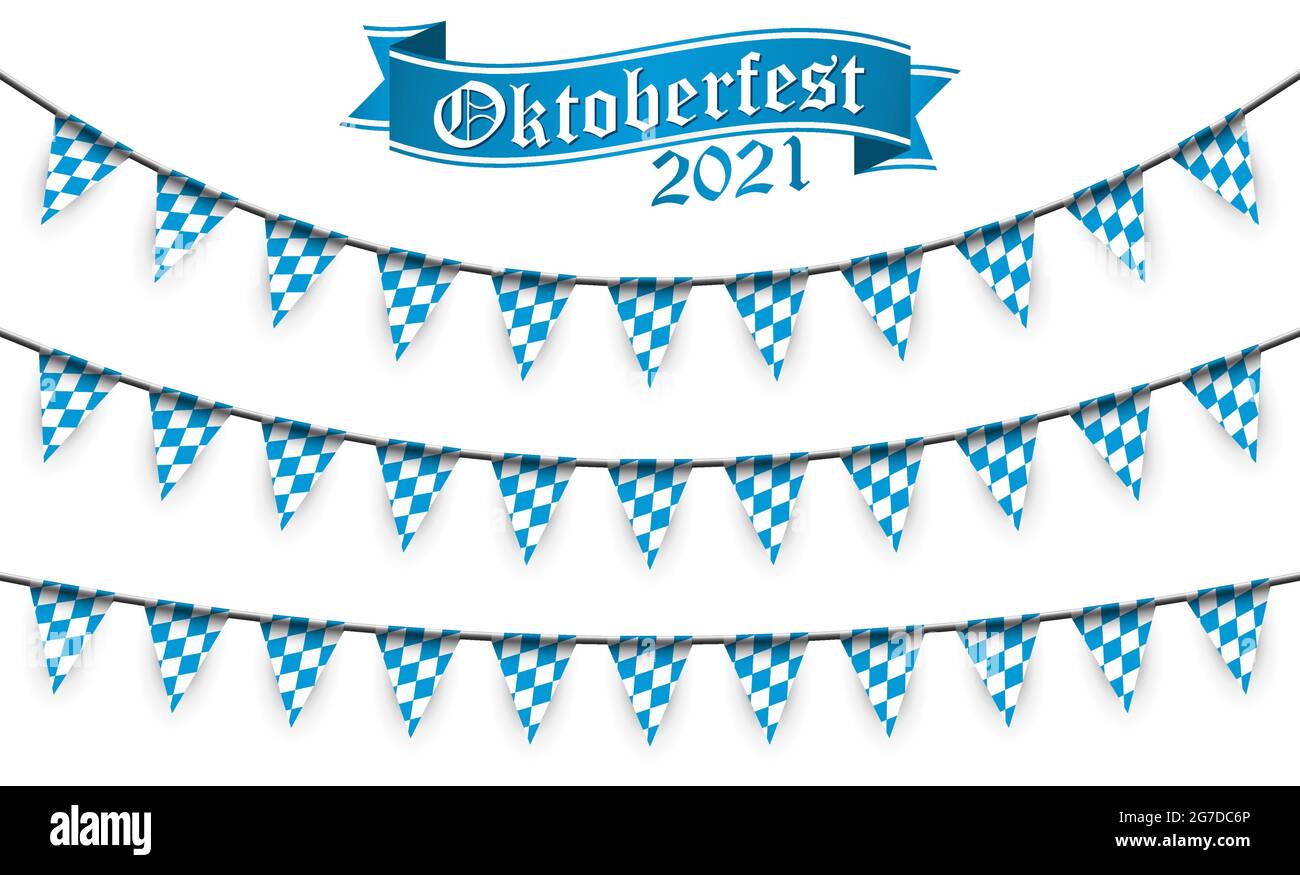 Oktoberfest 2021 garlands having blue-white checkered pattern and text Oktoberfest Stock Vector