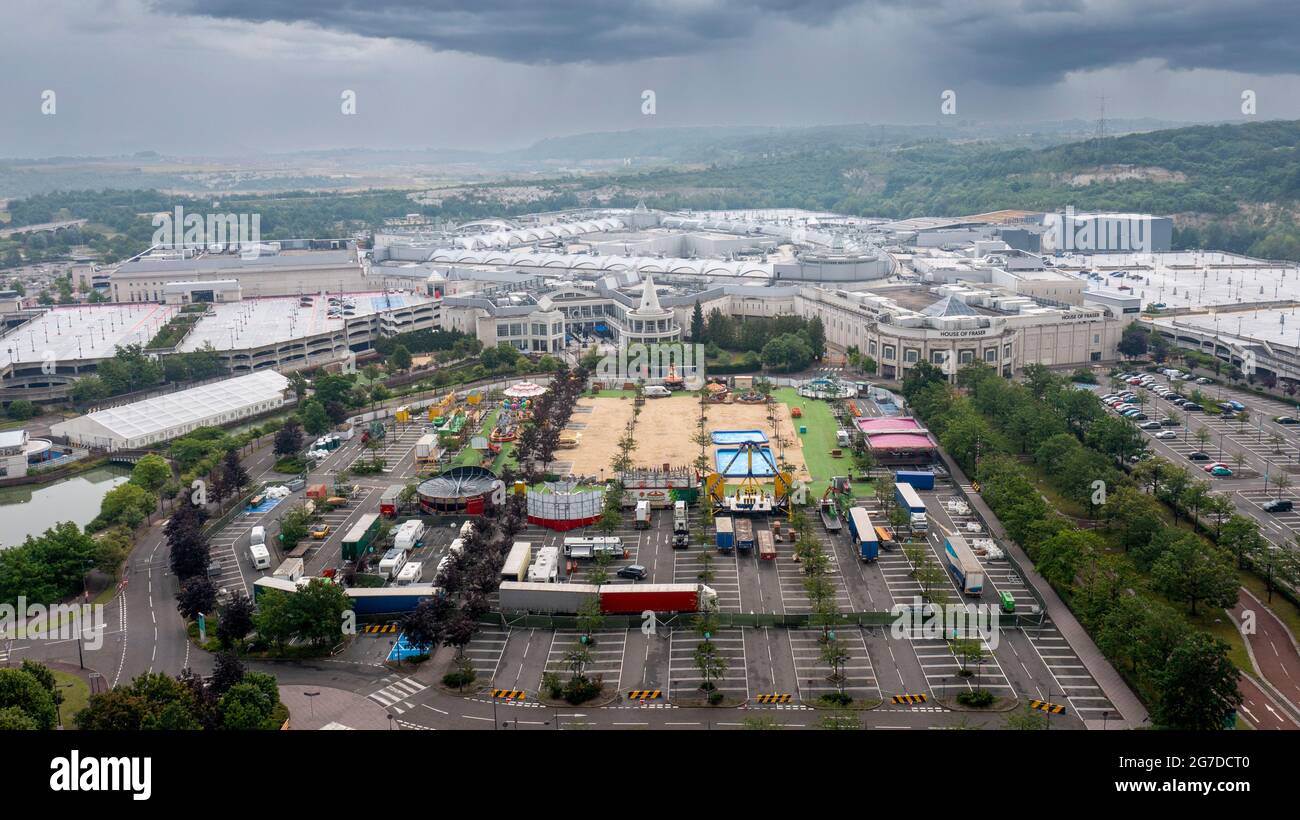 Kent, UK. 7th July 2021. Aerial drone photograph of Bluewater Shopping Centre in Kent. Credit: Ricci Fothergill/Alamy Stock Photo