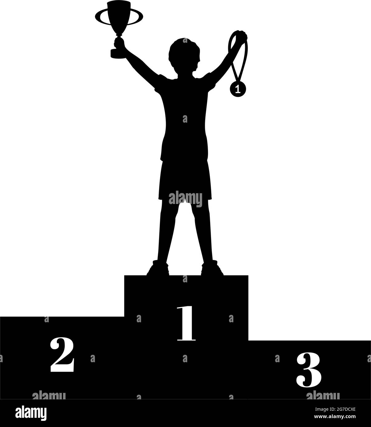 Silhouette boy winner of competition with cup and medal on the pedestal. Victory celebration. Symbol illustration icon logo Stock Vector