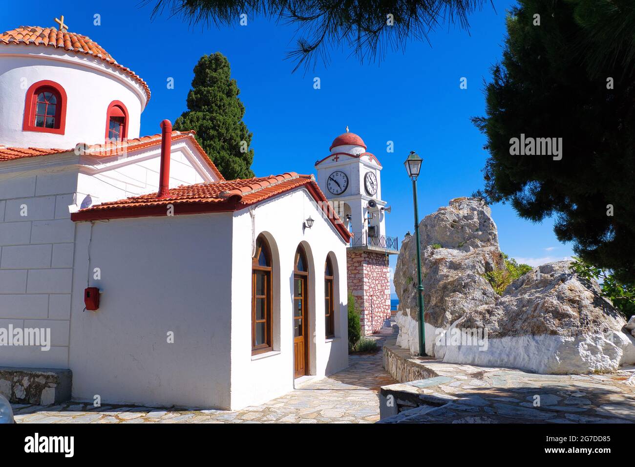 The church of Agios Nikolaos with the famous clock. Skiathos island, Greece  Stock Photo - Alamy