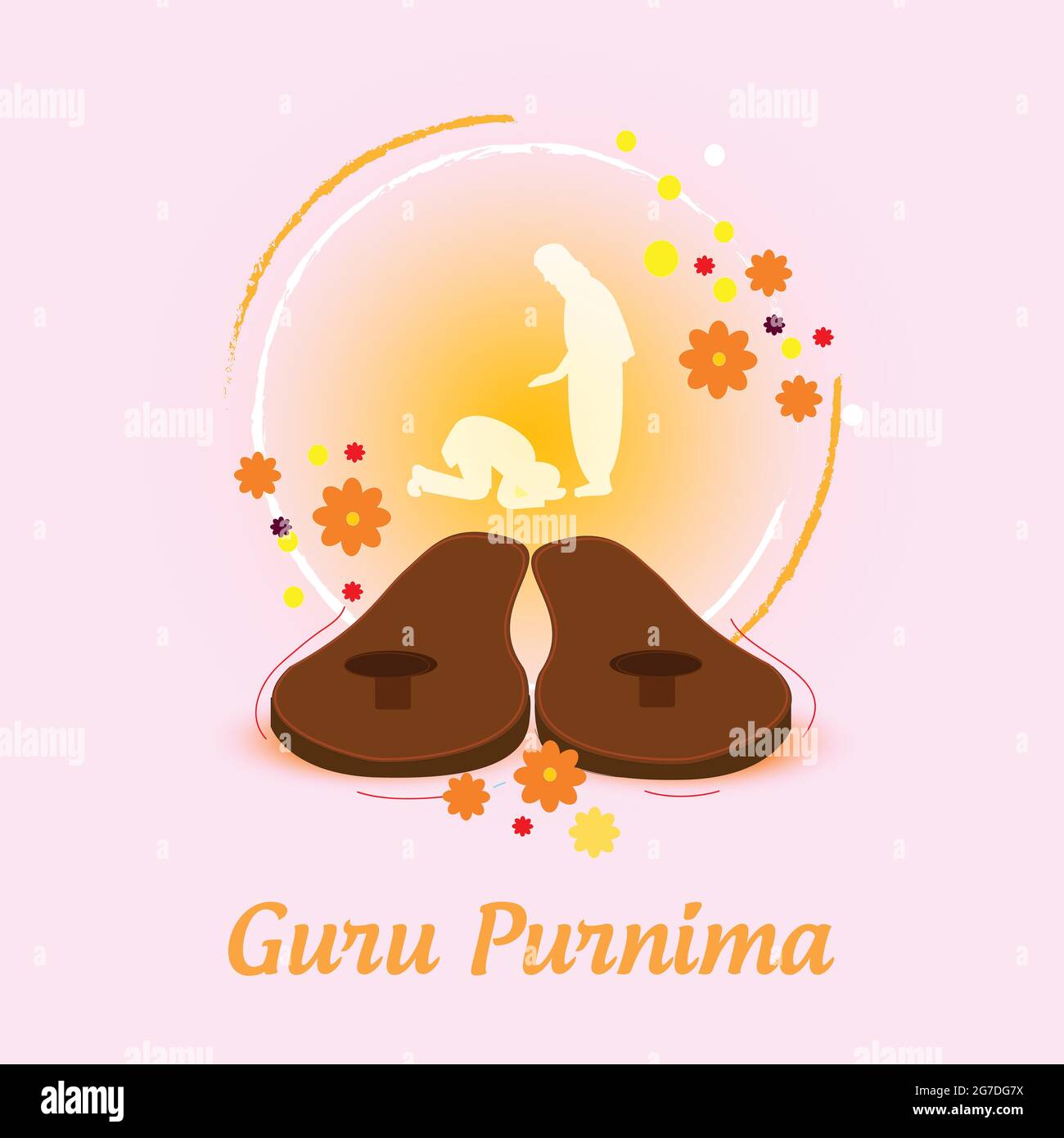 Illustration of Guru Purnima with gurus Paduka and background is decorated with guru blessing his shisha. Stock Vector