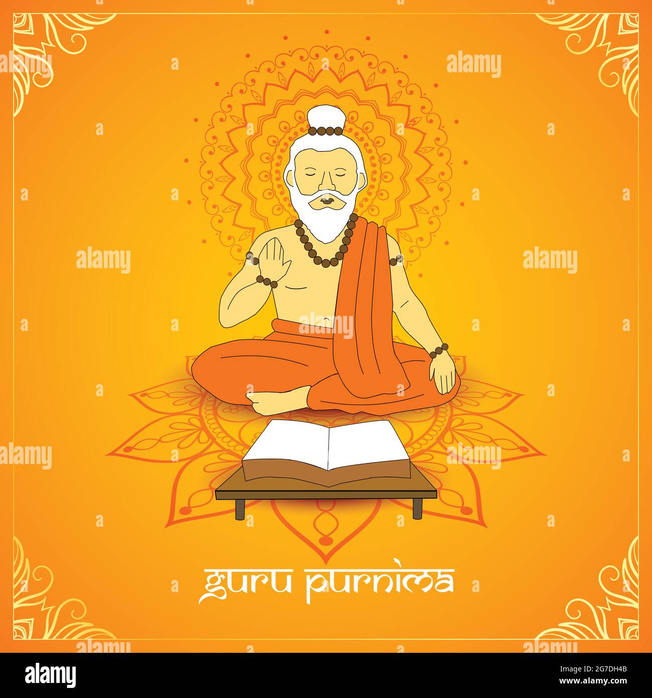 Poster of celebration of Guru Purnima. In this poster Maharshi sitting on the floor and blessing the world and read the book. Stock Vector