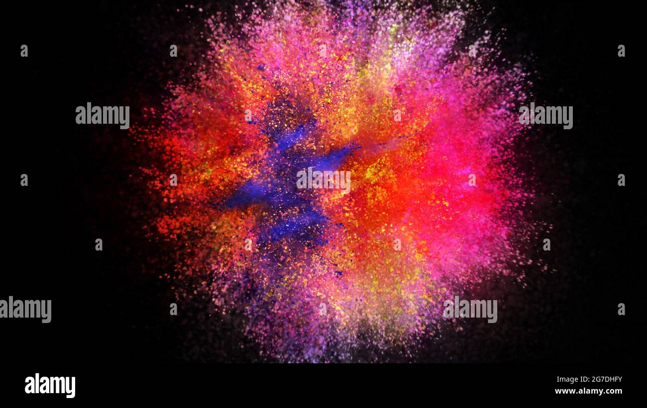 3D rendering of a colorful explosion of colored particles on a black ...