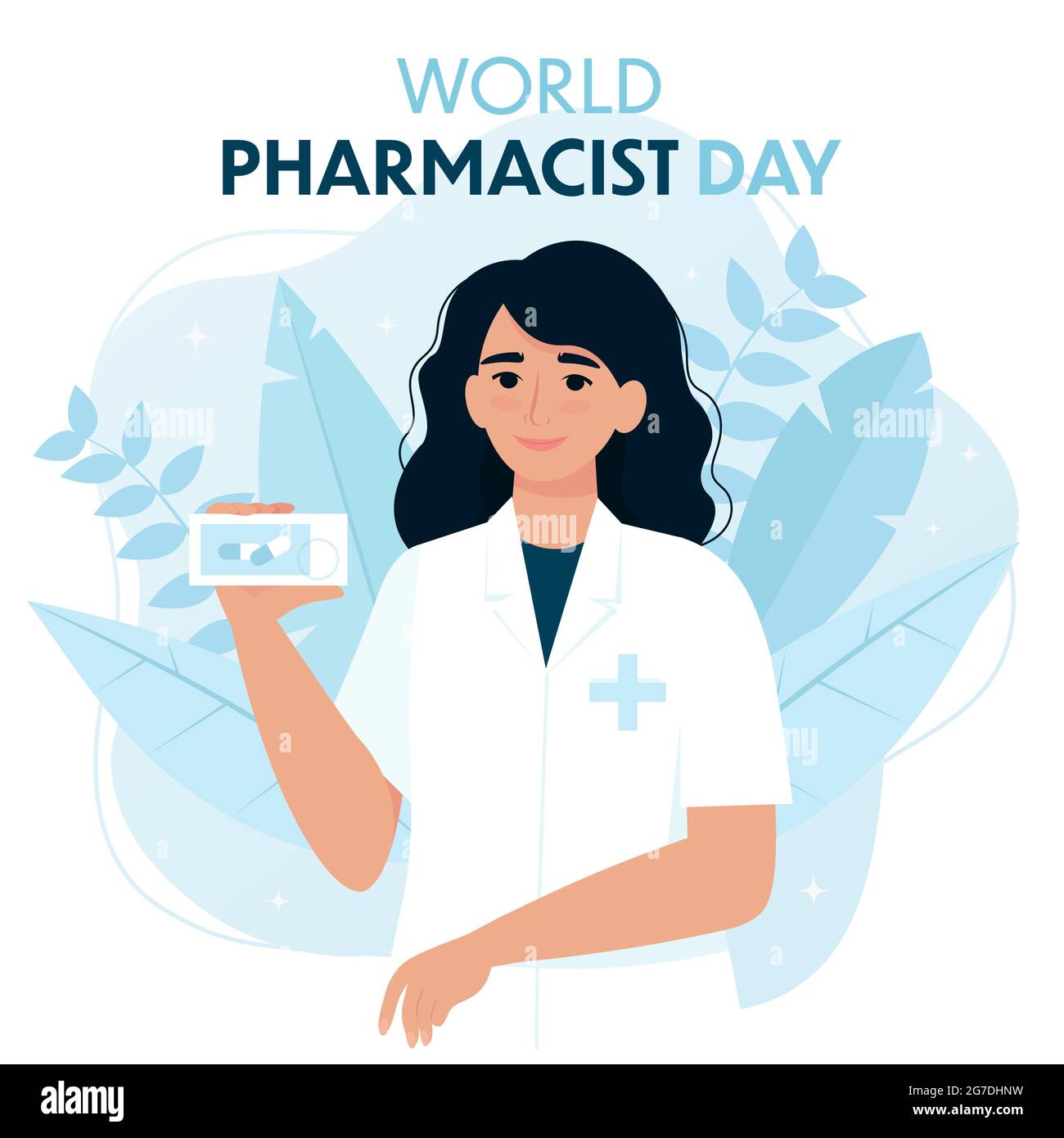 World pharmacist day card with female pharmacist. Vector illustration in flat style Stock Vector