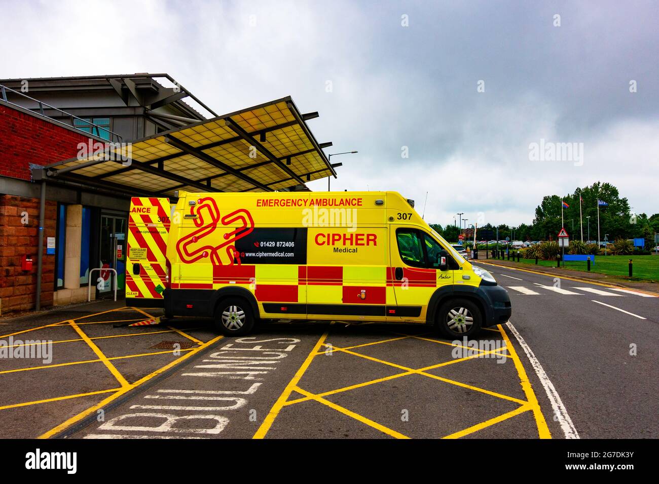 A Cipher Ambulance parked at the James Cook University Hospital A&E Cipher is a provider of Ambulance services based in Hartlepool Stock Photo