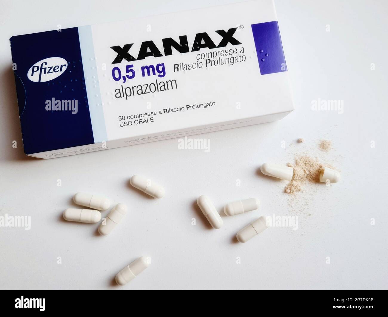 PESCARA, ITALY - Jun 15, 2021: A top view of a pack of Xanax capsules on a  white surface Stock Photo - Alamy