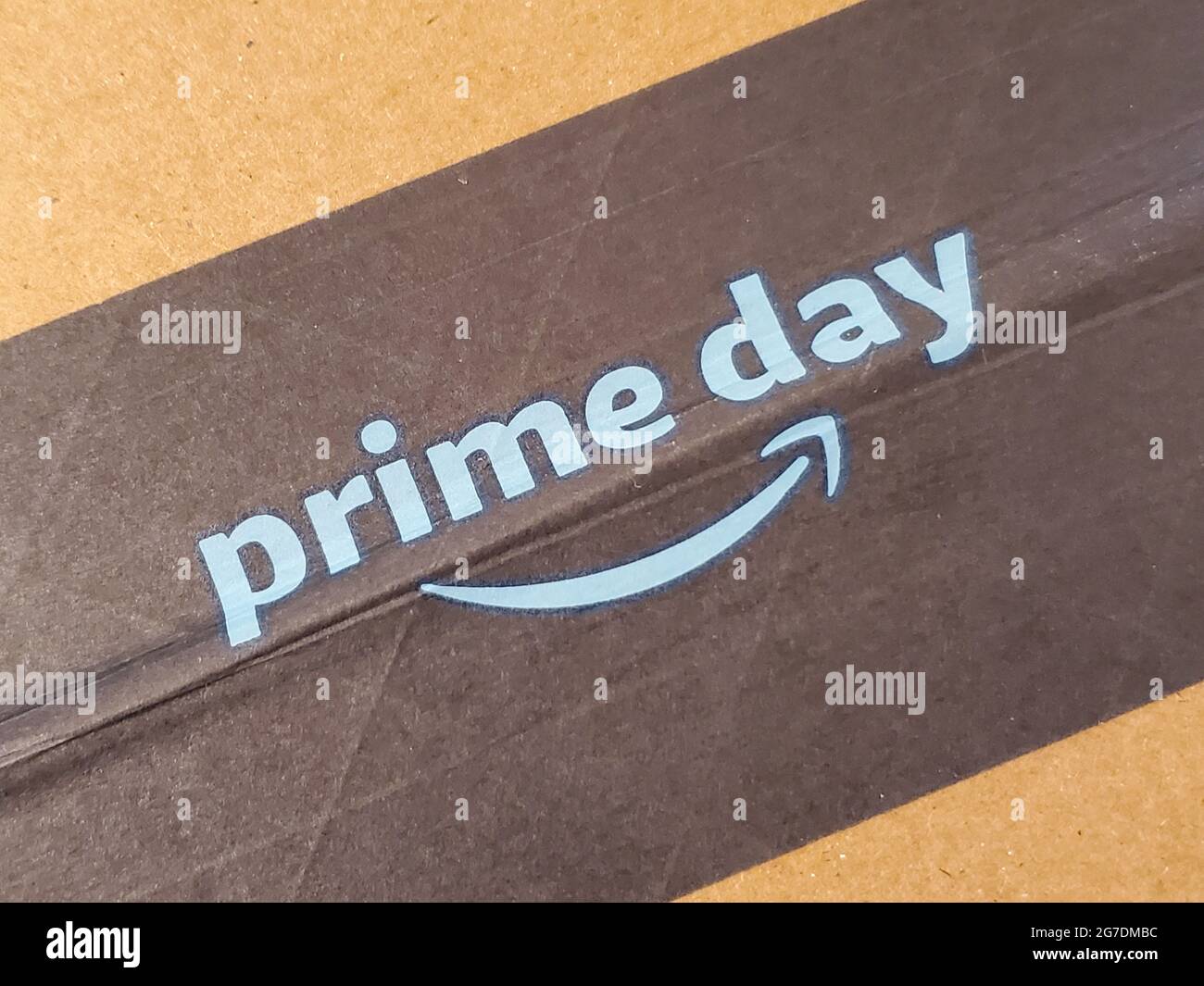 Close-up of logo for 2021's Amazon Prime Day on Amazon delivery box in Lafayette, California, June 13, 2021. () Stock Photo