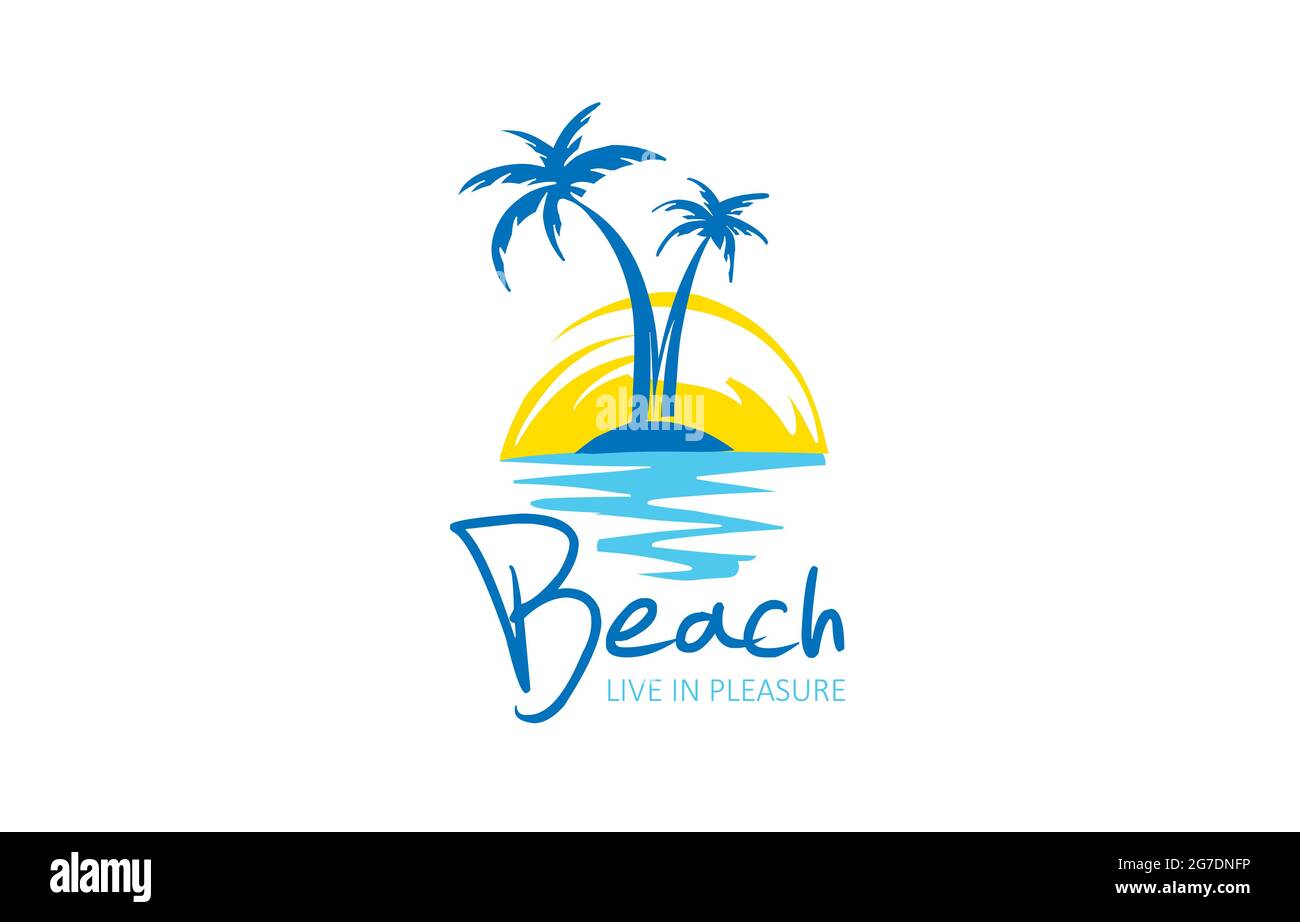 Vector icon for the beach with the image of a palm tree and the sea ...