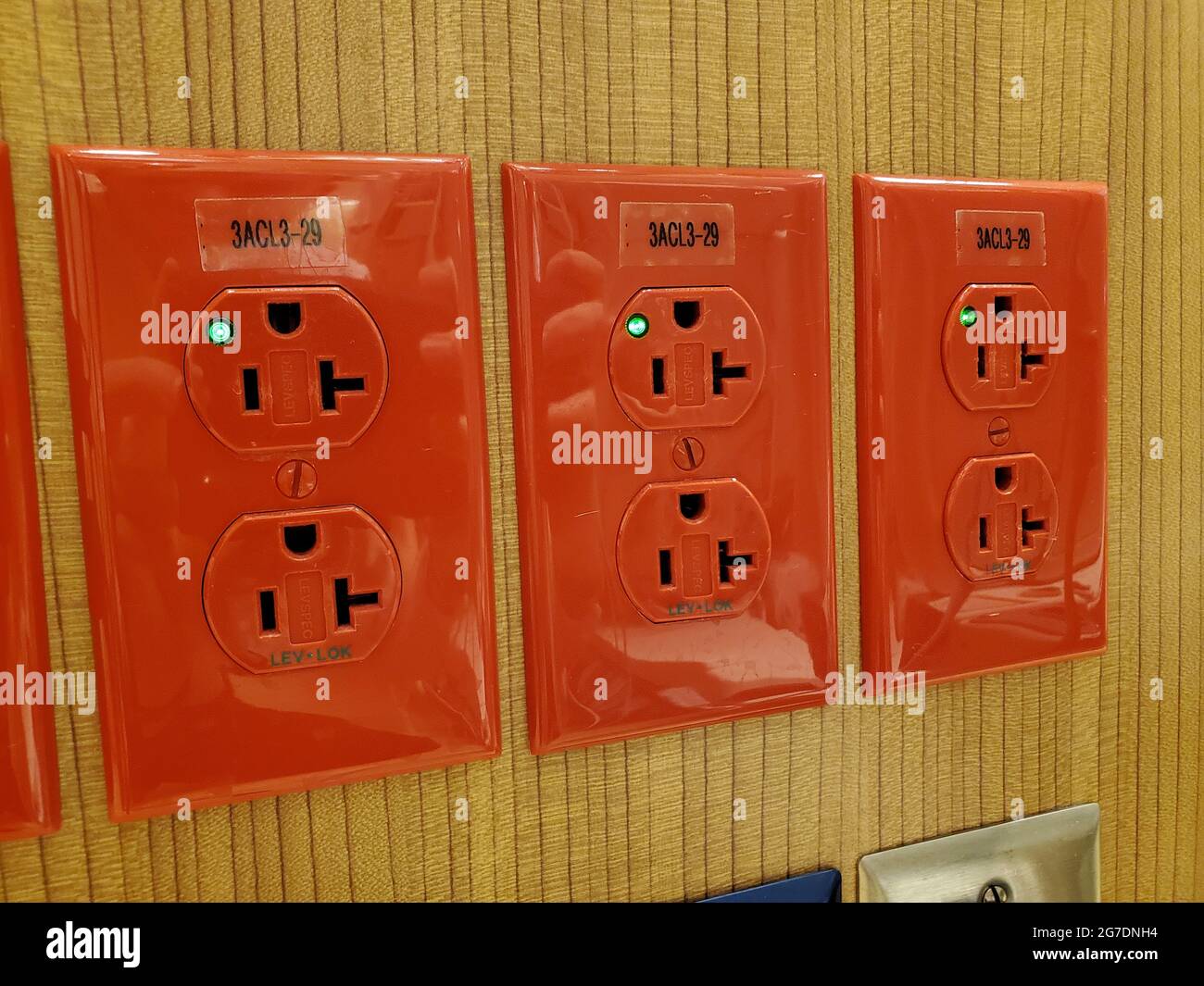 Close-up shots of power outlets on a wall in a medical setting in San Francisco, California, April 18, 2021. () Stock Photo