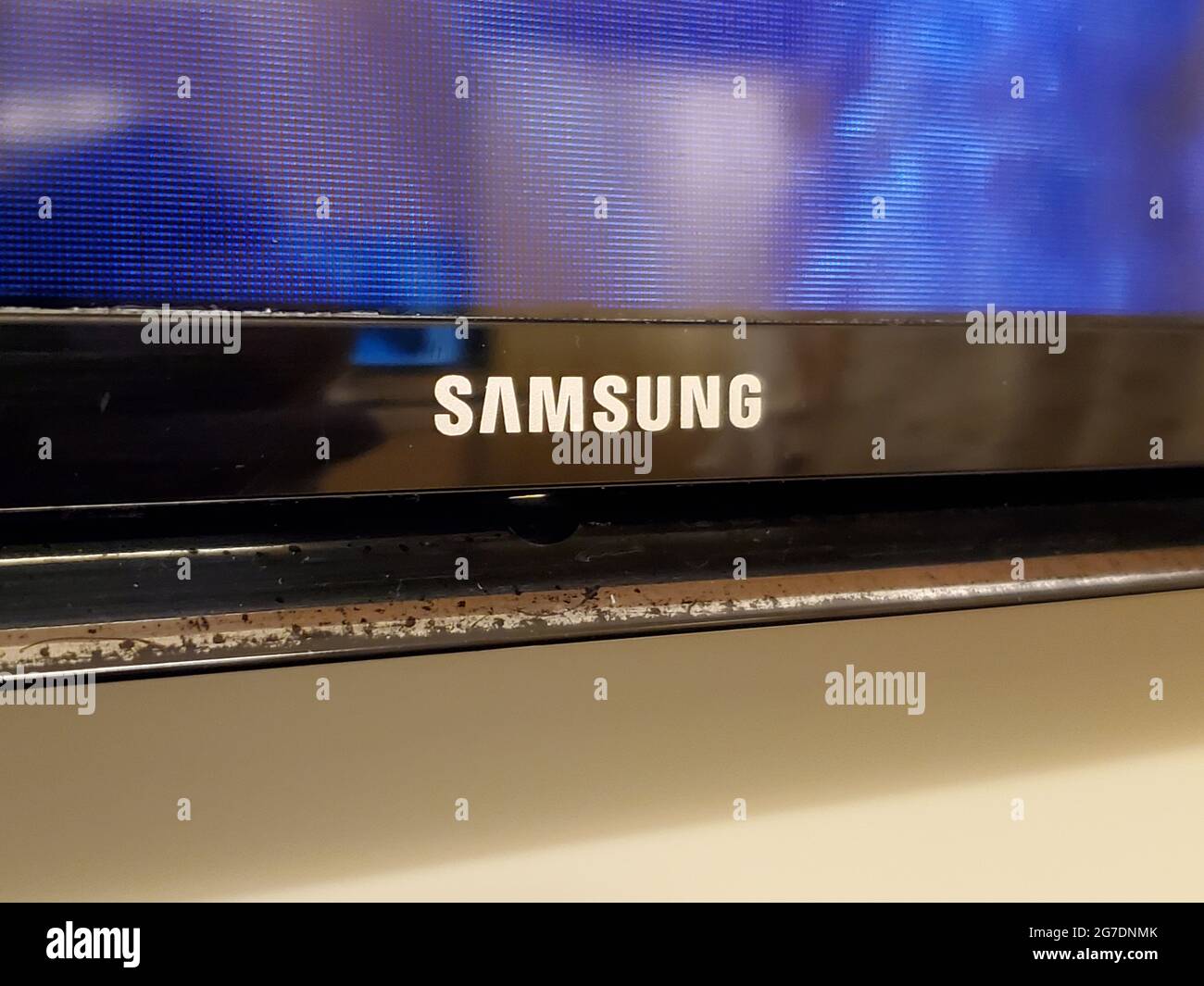 Close-up shot of the logo for the electronics manufacturer Samsung in a medical setting in San Francisco, California, April 18, 2021. () Stock Photo