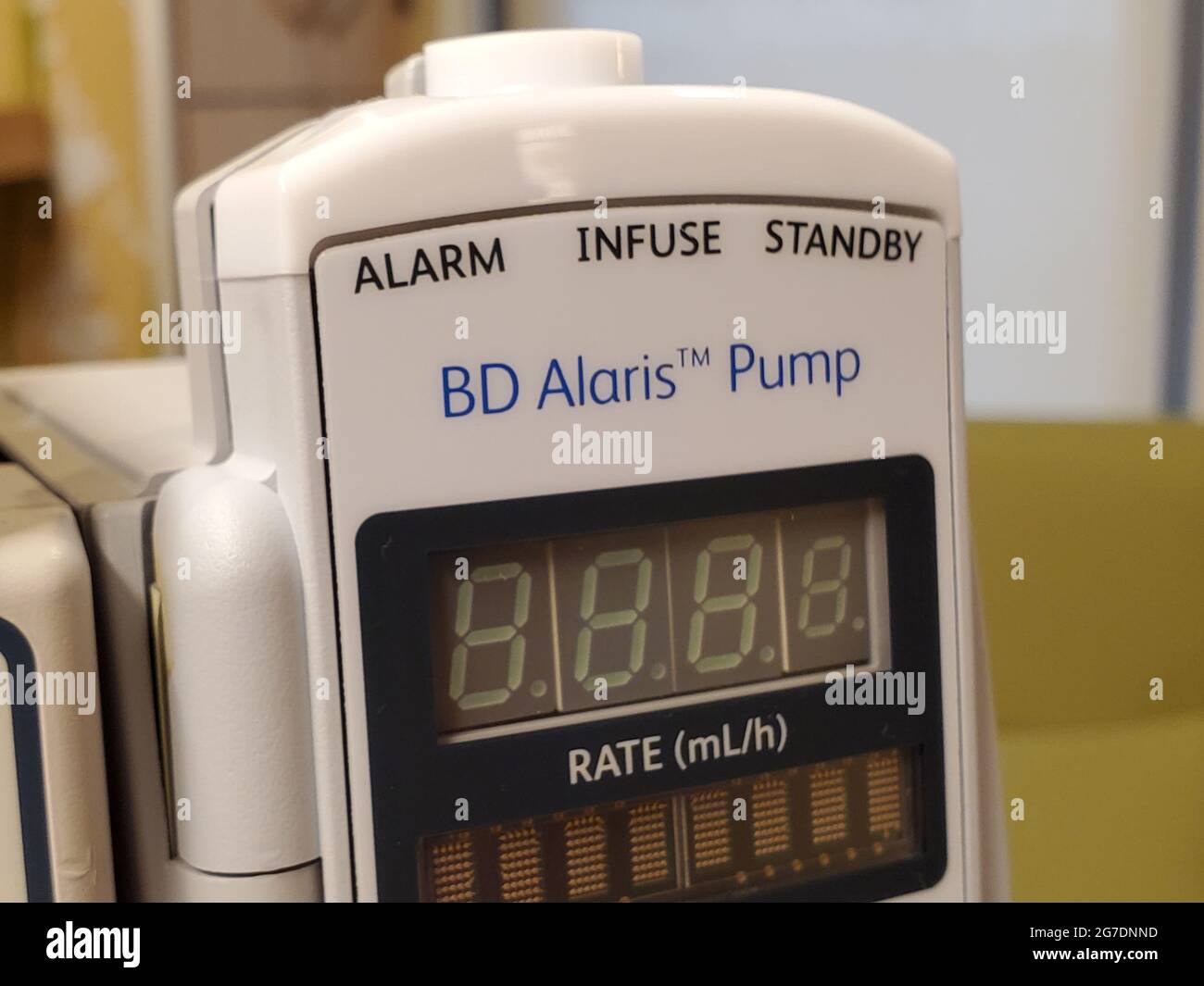 Close-up shot of the BD Alaris IV infusion pump with a digital display in a medical setting in San Francisco, California, April 18, 2021. () Stock Photo