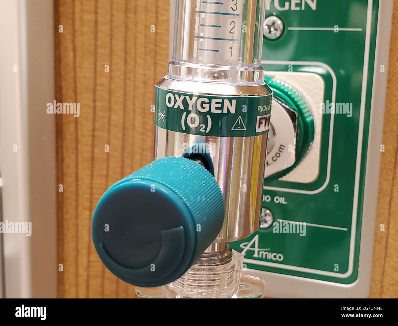 Closeup shot of a flowmeter attached to an Amico medical oxygen wall