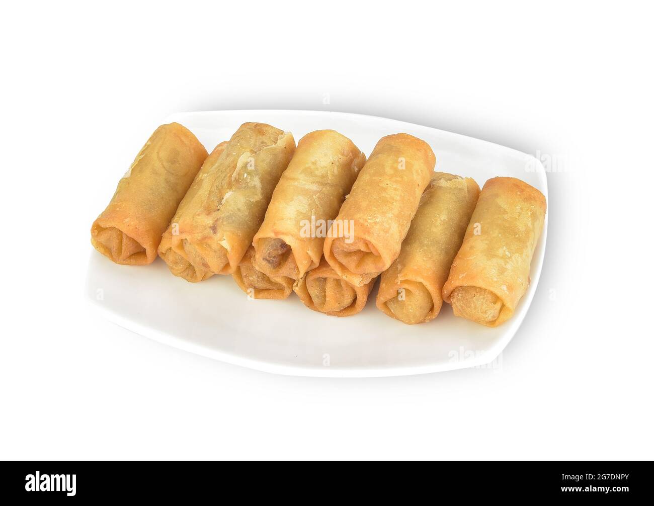 Fried Chinese Traditional Spring rolls food in ceramic plate (beautiful shape) on white background Stock Photo