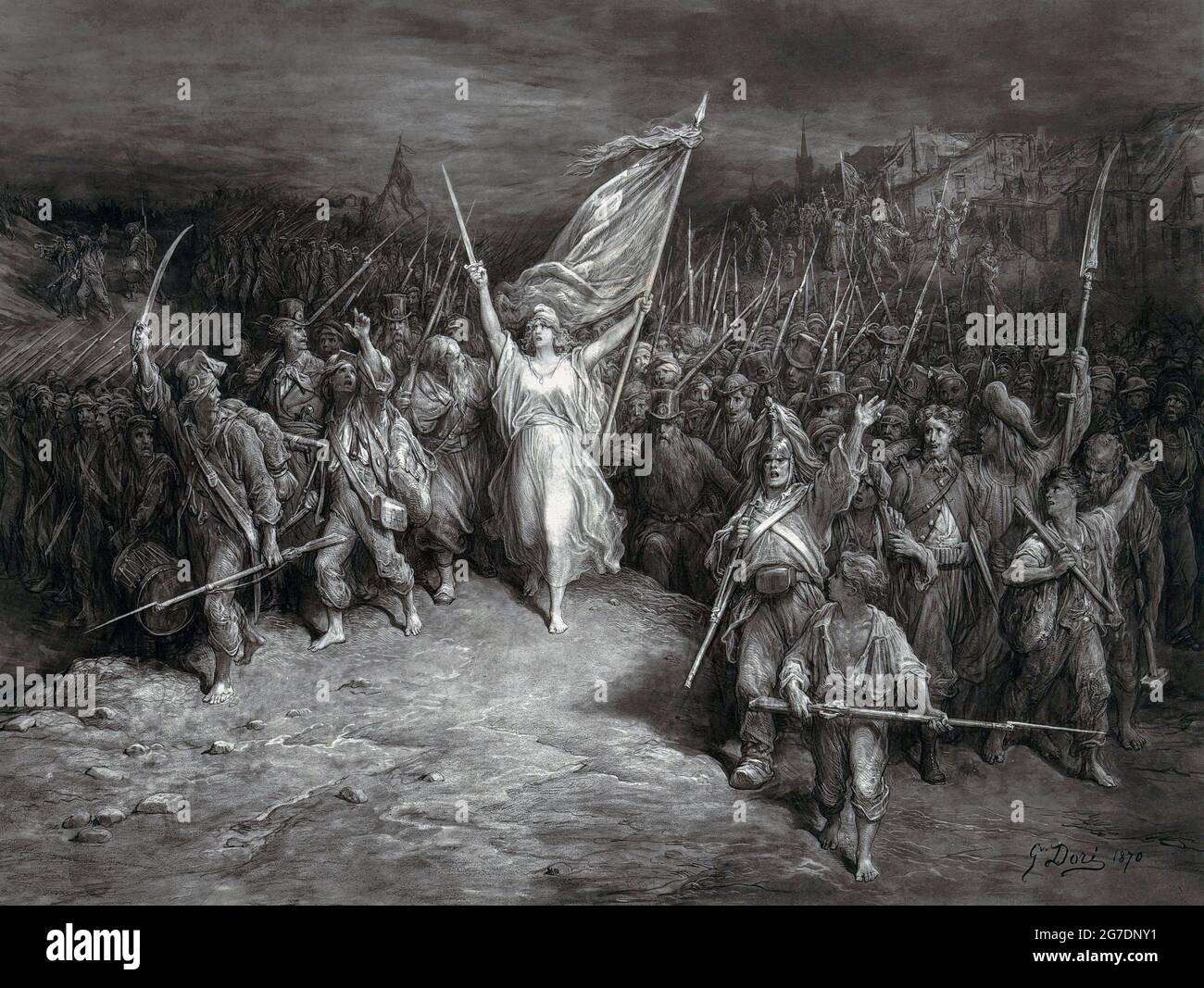 The Marseillaise, after an 1870 work by French artist Gustave Dore.  The work is an allegorical representation of the French national anthem of the same name. Stock Photo