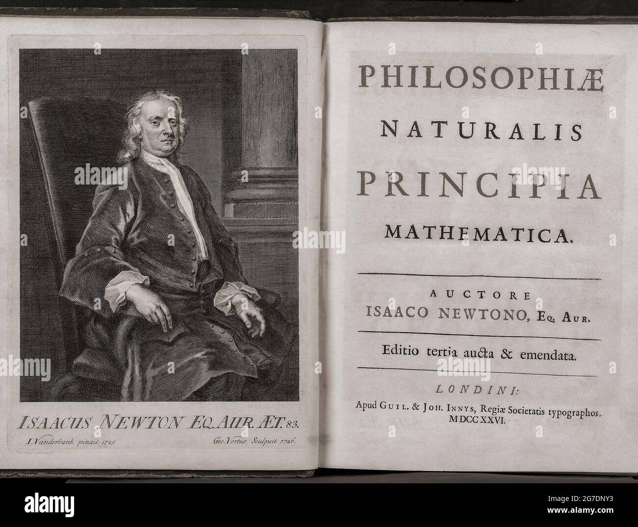 Philosophiæ Naturalis Principia Mathematica, or Mathematical Principles of Natural Philosophy, commonly known as the Principia by Sir Isaac Newton.  Newton published the Principia in three volumes, in Latin, in 1687.  This is the title page of the amended third edition published in 1726, the year of Newton's death. Stock Photo