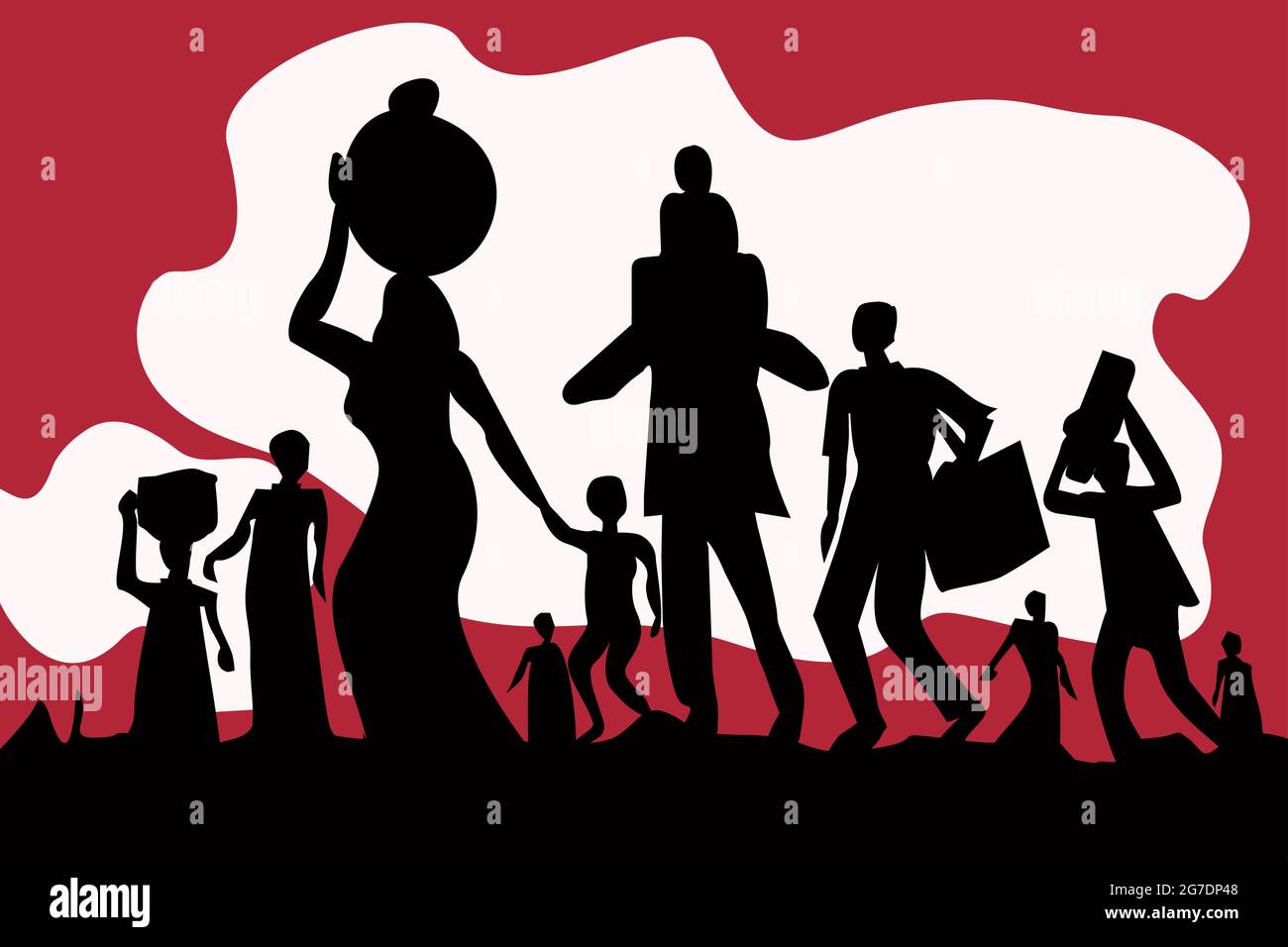Silhouette of exodus of economically backward people carrying luggages and children Stock Vector