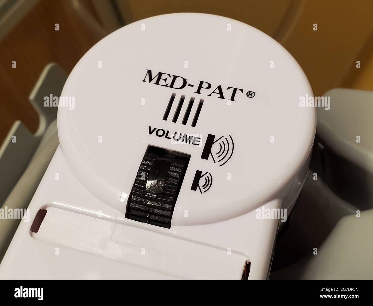 Close-up of a 'Med-Pat' hospital phone earpiece, in a medical setting in San Francisco, California, April 18, 2021. () Stock Photo