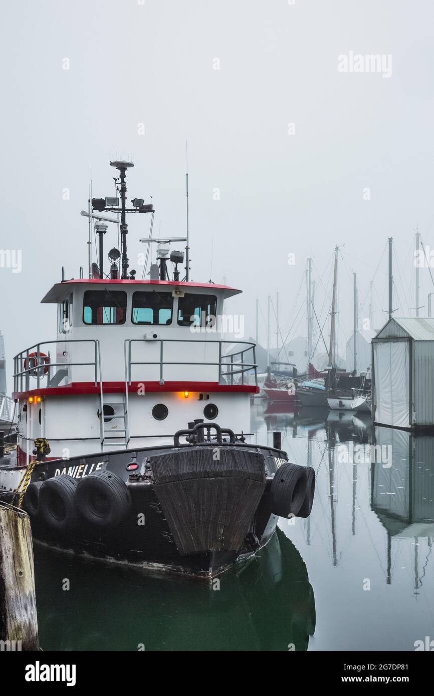 Tugboat named Danielle on Oakland Bay Marina on south Puget Sound on a foggy morning, Shelton, Washington, USA [No property release; editorial licensi Stock Photo