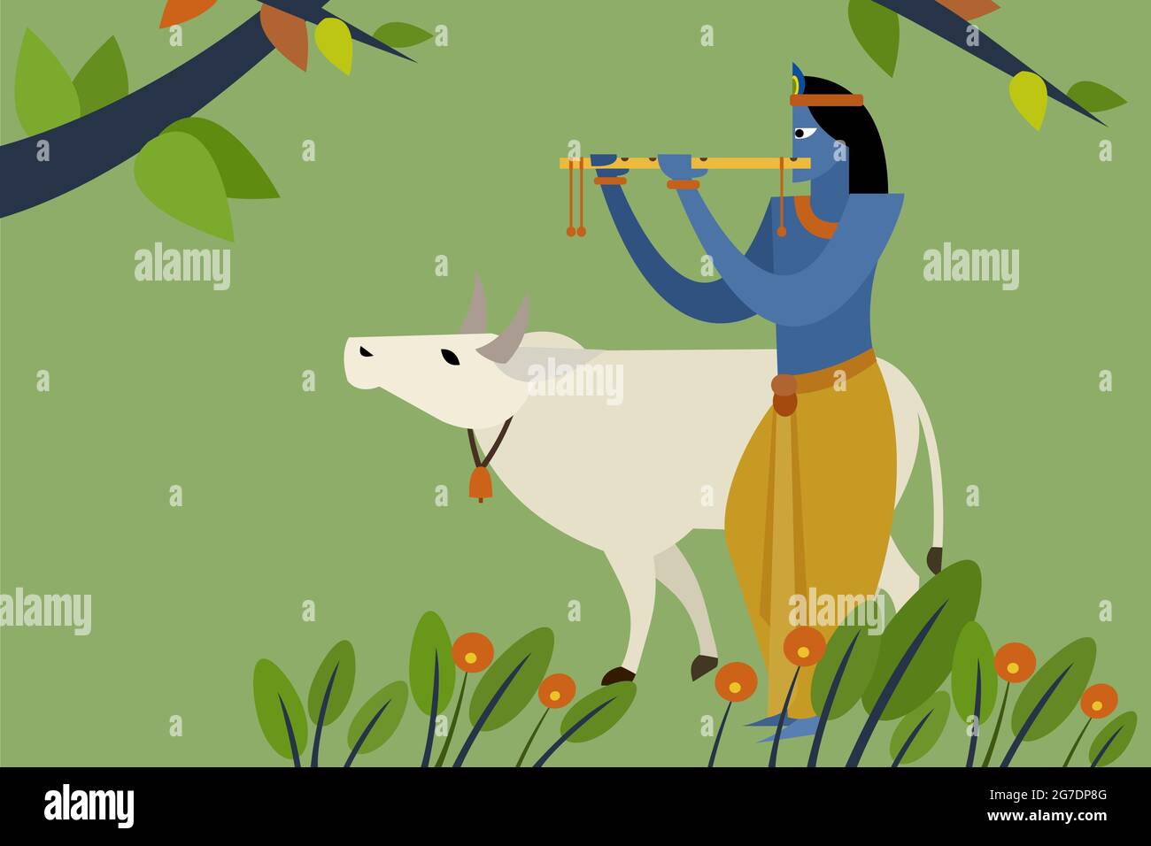 Illustration of Lord Krishna playing flute with holy cow Stock Vector