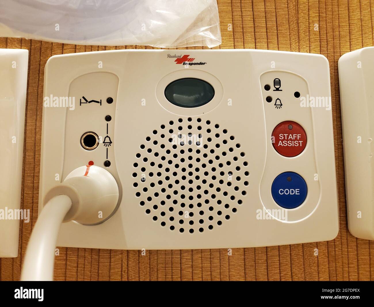 Close-up of a Rauland Responder bedside nurse call unit in a medical setting in San Francisco, California, April 18, 2021. () Stock Photo