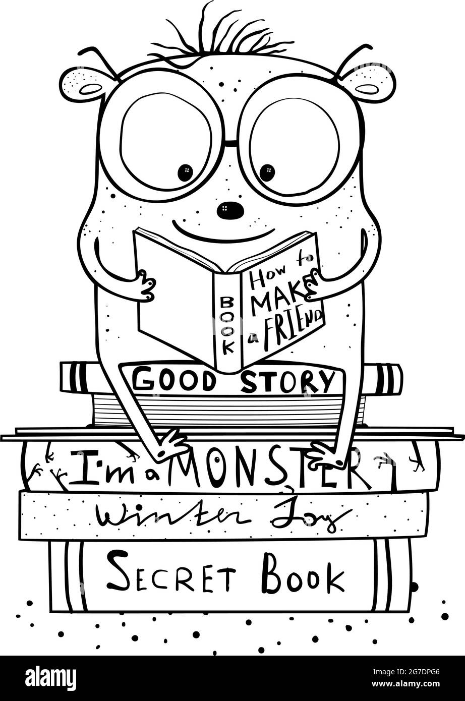 Reading Books Monster Character for Coloring Book Stock Vector