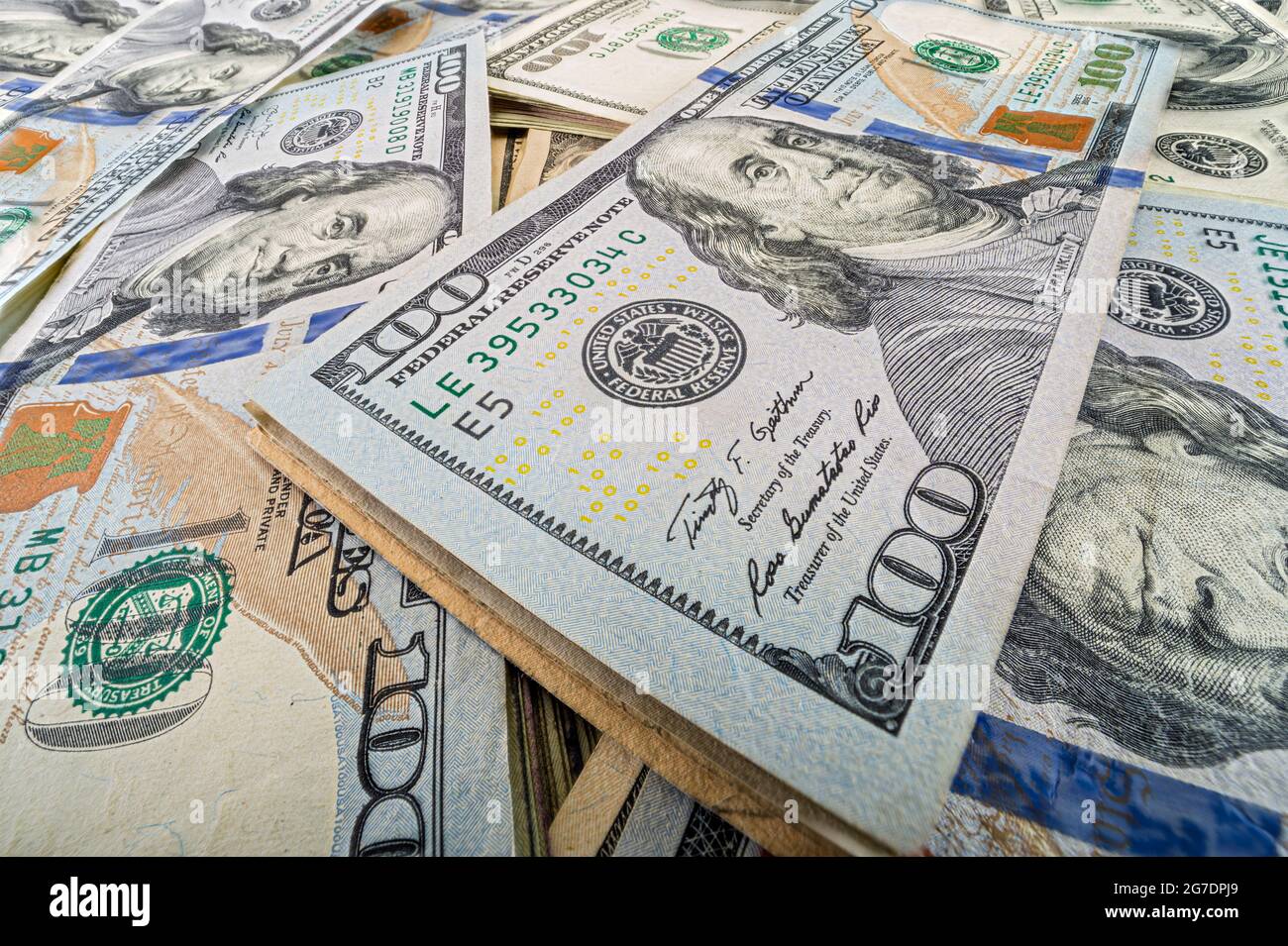 Wide angle detailed view of US 100 dollar bills Stock Photo