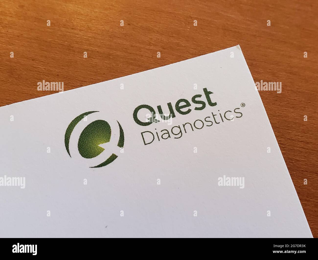 Close-up shot of a brochure for Quest Diagnostics, an American clinical laboratory, with the company logo visible in Lafayette, California, May, 2021. () Stock Photo