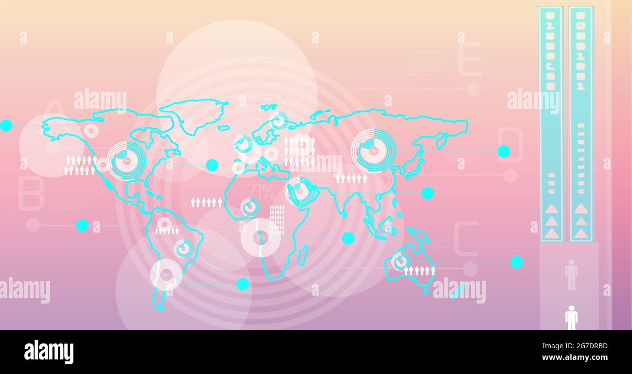 Digital interface with data processing over world map against pink ...