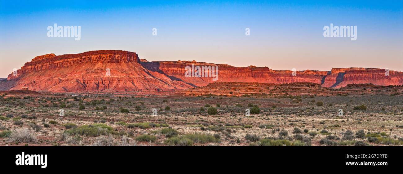 Harts Point massif, view at sunset from Indian Creek Campground, Canyon Rims Recreation Area, Bears Ears Natl Monument, near Canyonlands, Utah, USA Stock Photo