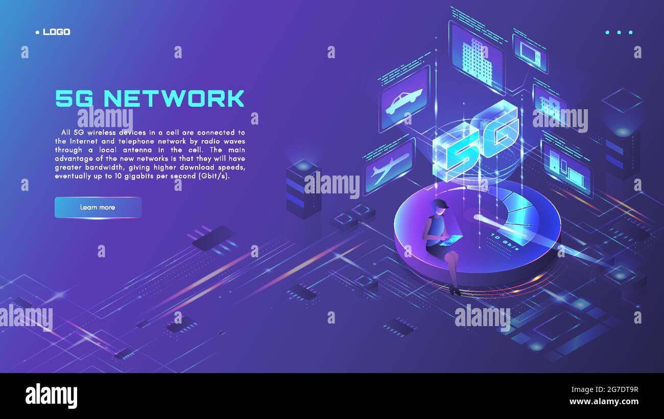 5G network website banner, web page design template, isometric neon vector illustration. High speed wireless connection. Stock Vector