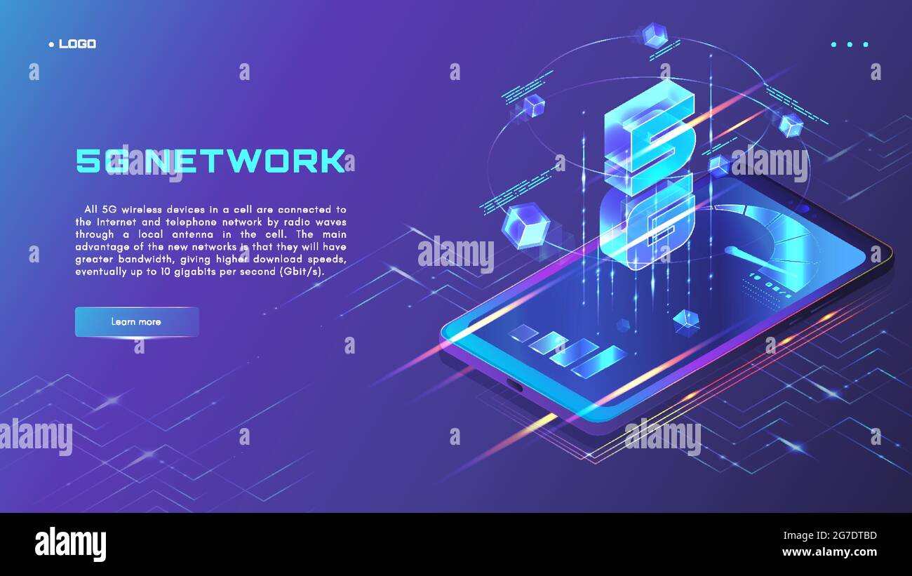 5G network website banner, web page design template. 5th generation mobile internet, isometric neon vector illustration Stock Vector
