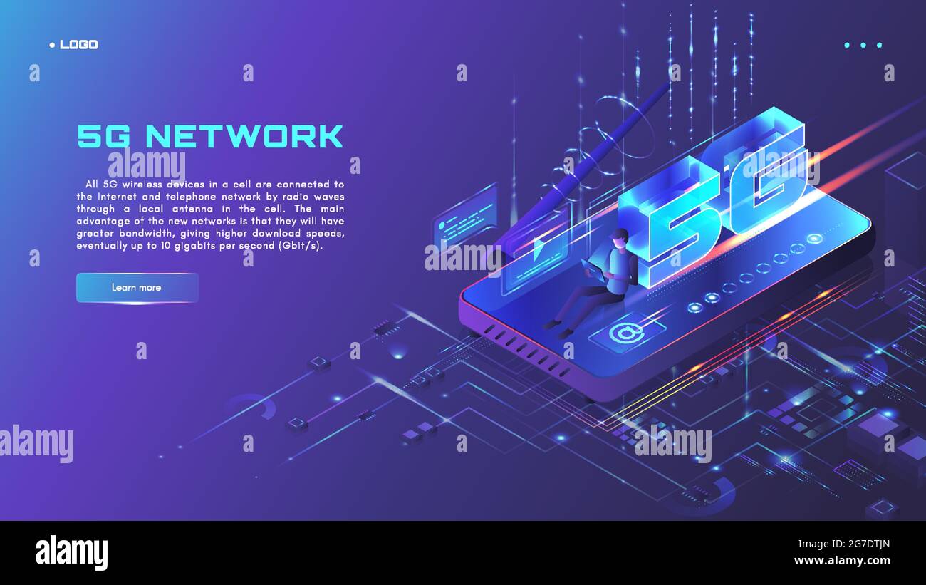 5G network website banner, web page design template, isometric neon vector illustration. 5G internet technology. Stock Vector