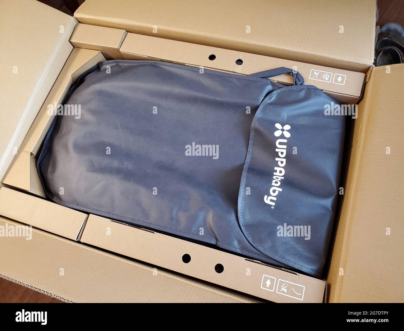 Uppababy brand stroller travel bag in box in Lafayette, California, May 12, 2021. () Stock Photo