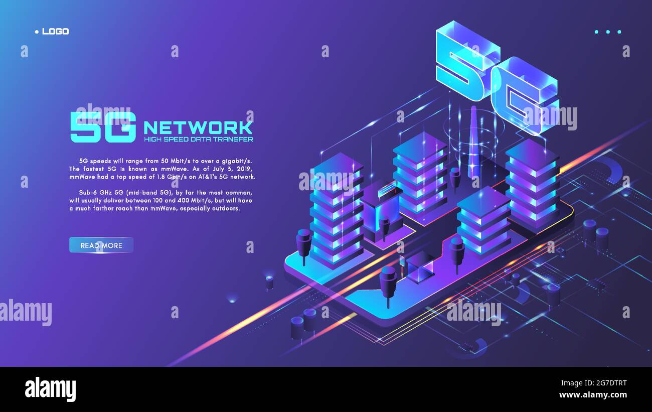 5G network website banner design template. High speed data transfer. Smart city. Isometric neon vector illustration. Stock Vector